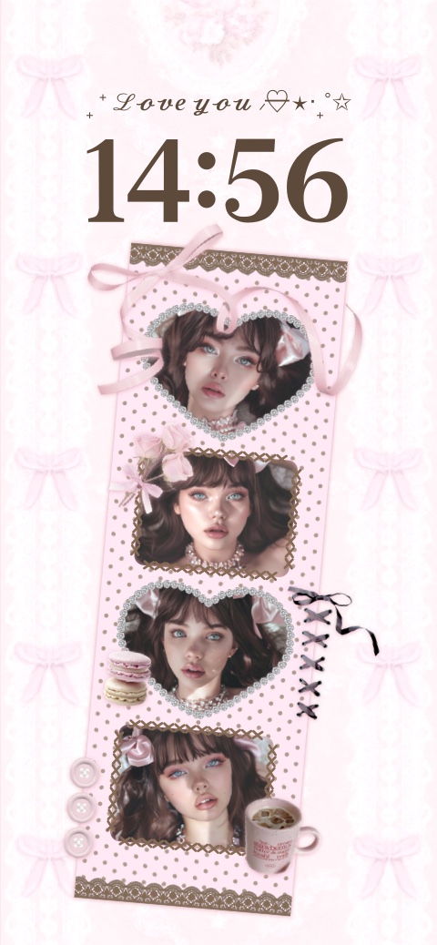 Pink coquette aesthetic phone wallpaper template with heart frames, lace, and macarons for a personalized lockscreen.