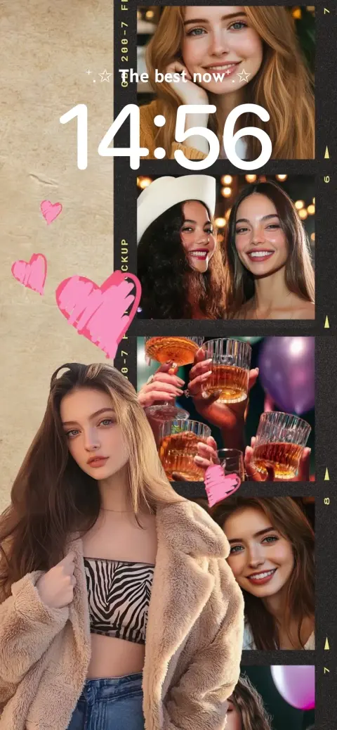 DIY live wallpaper template featuring a film strip collage of friends with pink hearts and a vintage aesthetic.