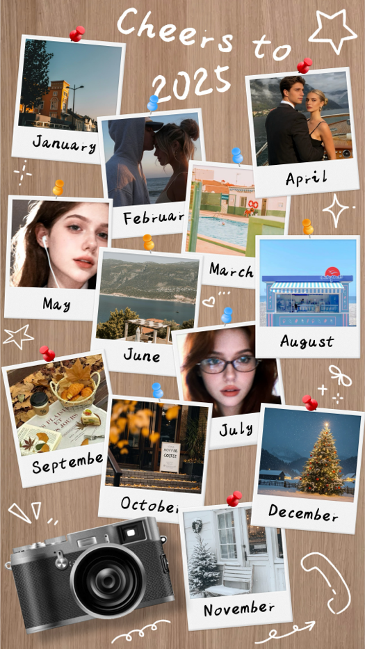 「Cheers to 2025」と書かれた木目背景のコラージュテンプレート。1月から12月までのラベルが付いた12枚のポラロイド写真がカラフルな画鋲で留められ、レトロなカメラが添えられています。