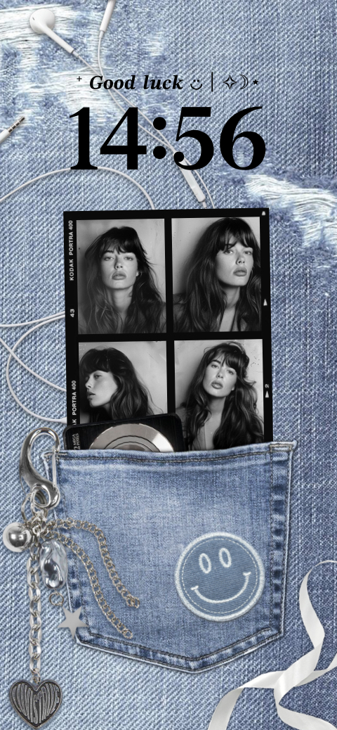 DIY Y2K denim pocket wallpaper template with photobooth film strip and wired earphones aesthetic.