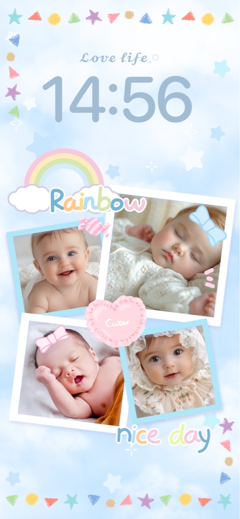 Un modèle de fond d'écran bleu pastel avec des nuages, un arc-en-ciel et quatre cadres photo vides pour bébés. Fond statique personnalisable.