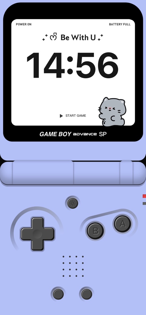 Periwinkle GameBoy Advance SP phone wallpaper template with a cute cat and digital clock on the screen.