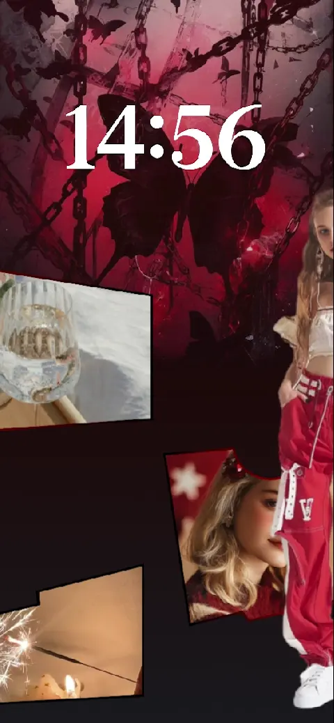 Dark red butterfly and metal chains Y2K aesthetic photo collage live wallpaper template for mobile screen.