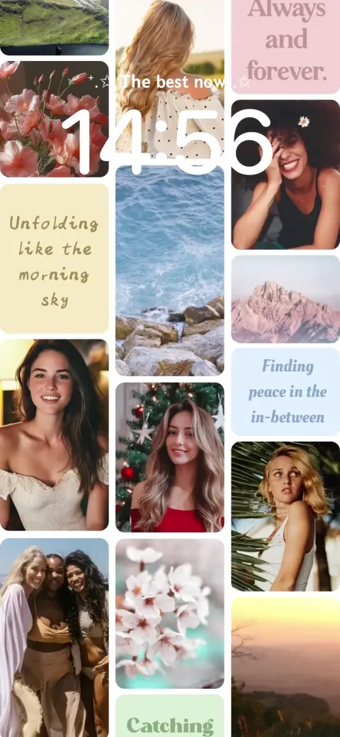 Plantilla de cuadrícula para collage de fotos aesthetic para fondo de pantalla animado personalizable con espacios para fotos y texto.