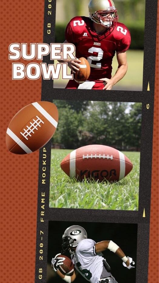 Football-themed vertical film strip collage with three photo slots and Super Bowl typography on a brown background.