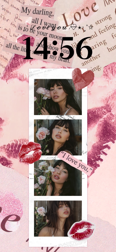 Anpassbare Wallpaper-Vorlage im romantischen Scrapbook-Stil mit einem Filmstreifen für vier Fotos, Kussabdrücken und Papiertexturen.