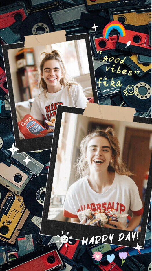 A collage template featuring two polaroid photos taped onto a background of vintage cassette tapes and vinyl records, decorated with hand-drawn rainbow and flower stickers.