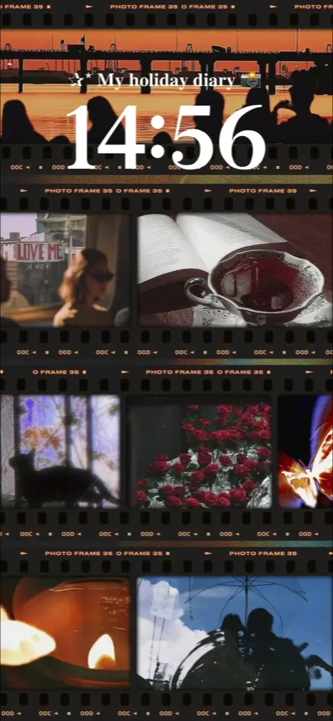 Vintage 35mm film strip collage live wallpaper template with holiday diary theme featuring sunset, roses, and cat.