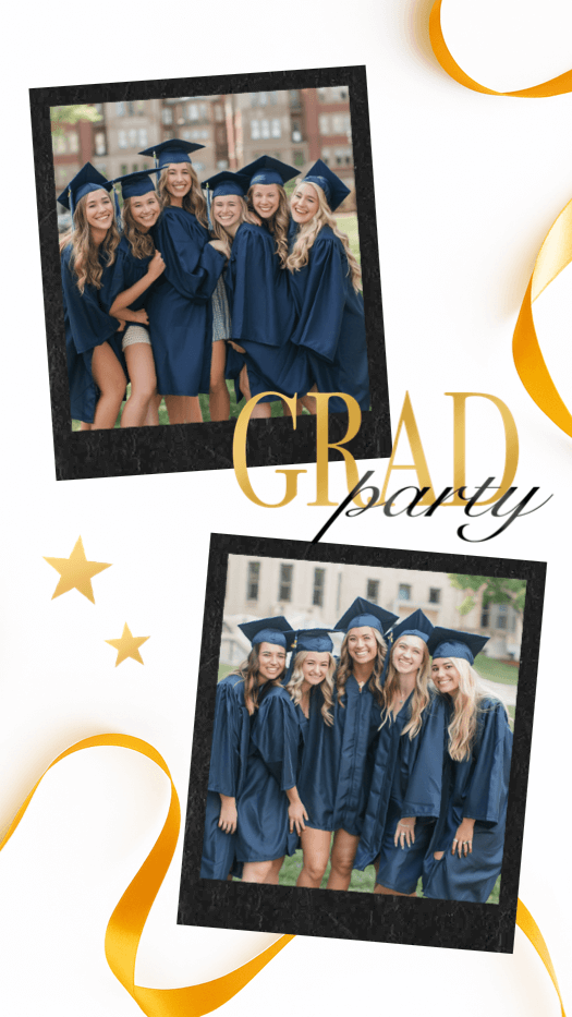 Graduation party collage template with two black Polaroid frames, golden ribbons, stars, and GRAD party text on white.