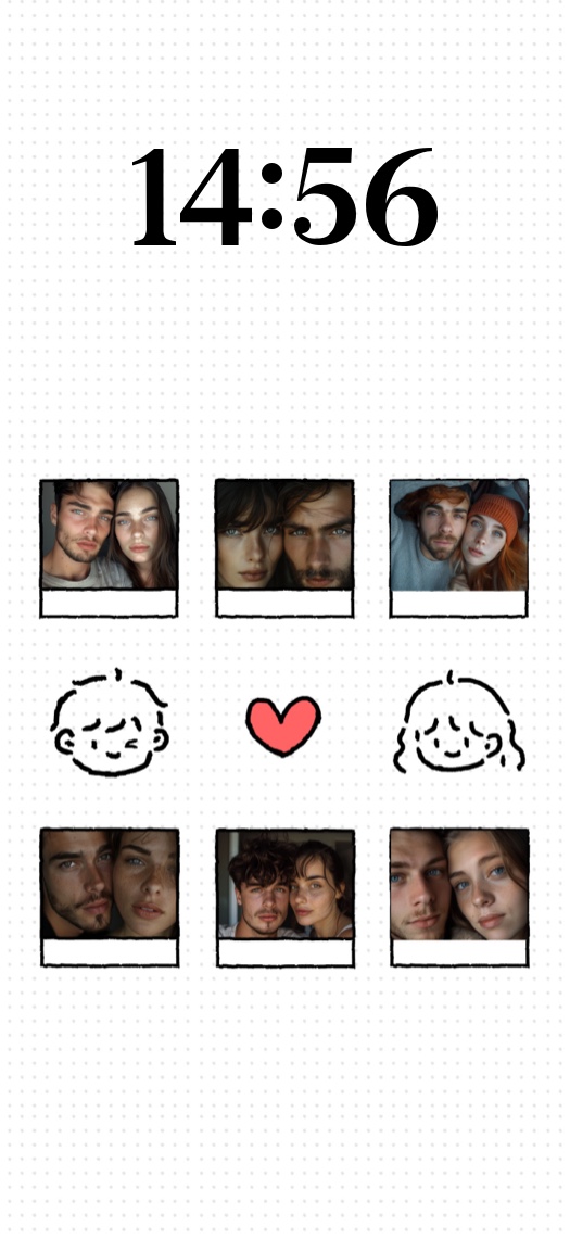 Modèle de fond d'écran à pointillés blancs avec six cadres photo polaroid personnalisables et illustrations de couple dessinées à la main.