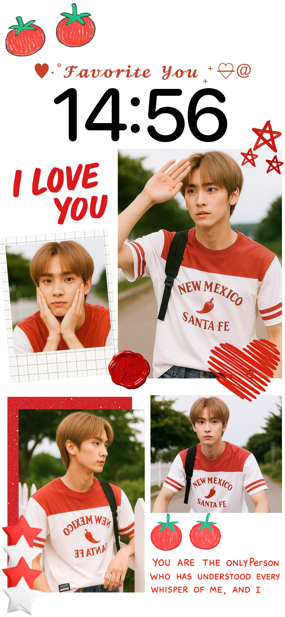 Modèle de fond d'écran DIY avec collage d'idole K-pop, cadres photos et décorations rouges.