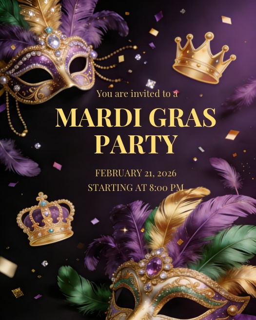 A luxury Mardi Gras party invitation template featuring purple masquerade masks with feathers, gold crowns, and confetti on a dark purple background.