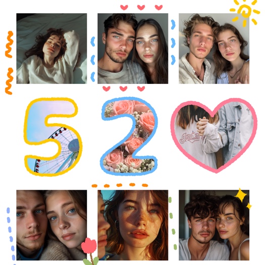 A 9-slot photo collage template featuring a central '520' number design, a heart-shaped photo frame, and colorful hand-drawn doodles like suns, stars, and squiggly lines on a white background.