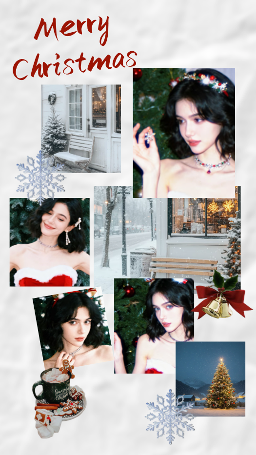 Montage photo vertical de Noël sur fond blanc avec texte 'Merry Christmas', flocons de neige, cloches et plusieurs photos d'une femme et de paysages d'hiver.
