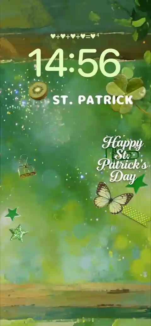 Green St. Patrick's Day aesthetic customizable live wallpaper template with clovers and butterflies.