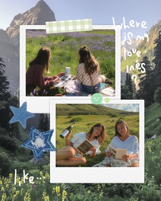 Two Polaroid photos on a mountain background with denim stars, green washi tape, and white hand-drawn text decorations.