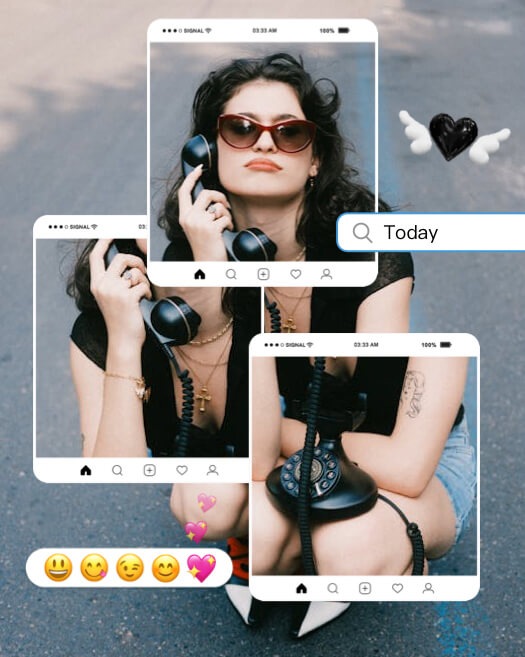 Aesthetic photo collage template with 3 Instagram-style UI frames, heart emojis, and a search bar on a blue background.
