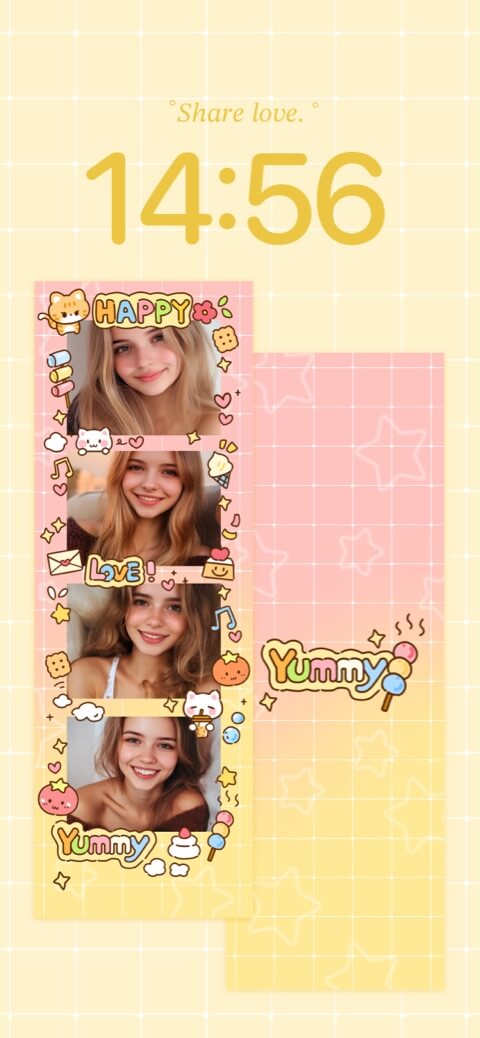 A customizable static wallpaper template featuring a four-slot photo strip on a yellow and pink grid background with kawaii stickers.