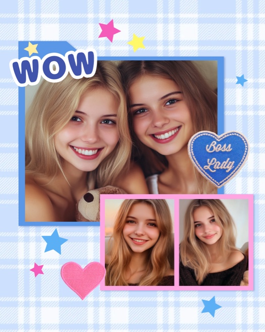 A photo collage template with a light blue plaid background. It features one large photo frame and two smaller ones. Decorations include colorful stars, a 'WOW' sticker, and heart-shaped fabric patches, one saying 'Boss Lady'.