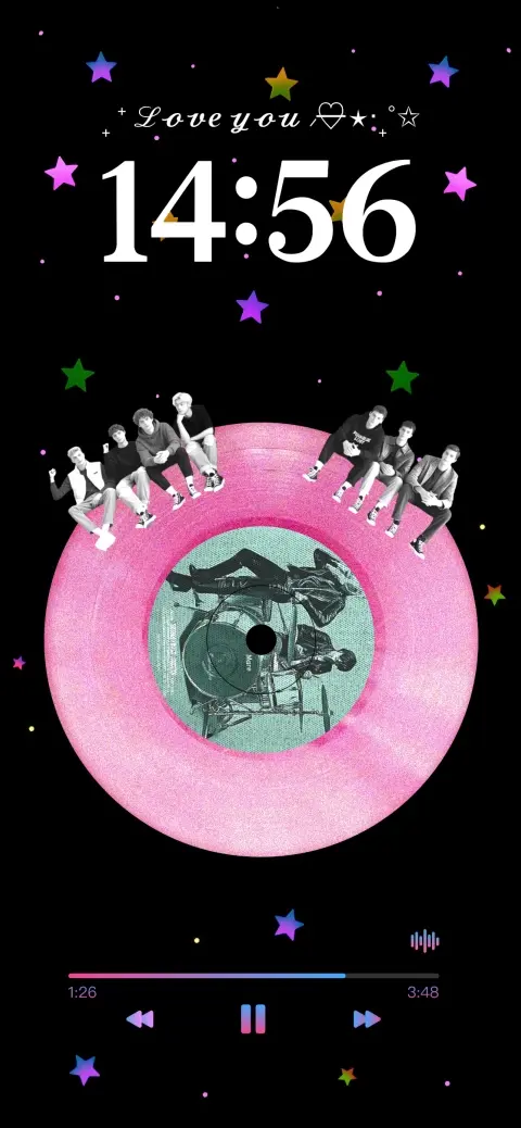 Aesthetic boy band members sitting on a pink spinning vinyl record with music player controls and colorful stars.