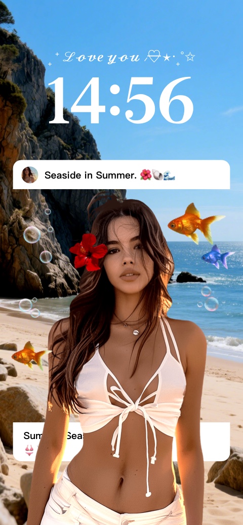Aesthetic DIY summer wallpaper template featuring a woman on a beach with fish stickers and seaside text overlays.