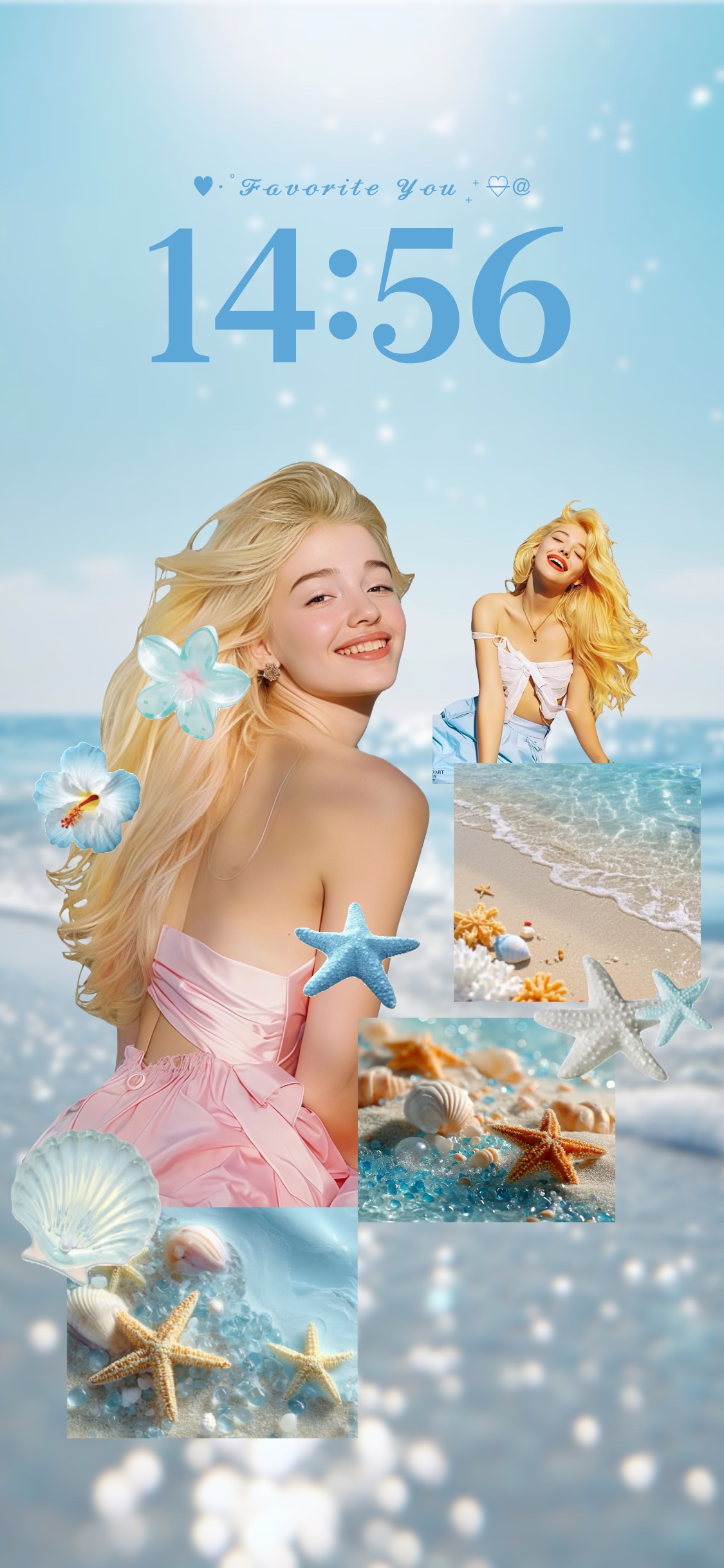 Aesthetic summer beach wallpaper collage with a blonde girl, starfish, seashells, and ocean background for DIY phone design.