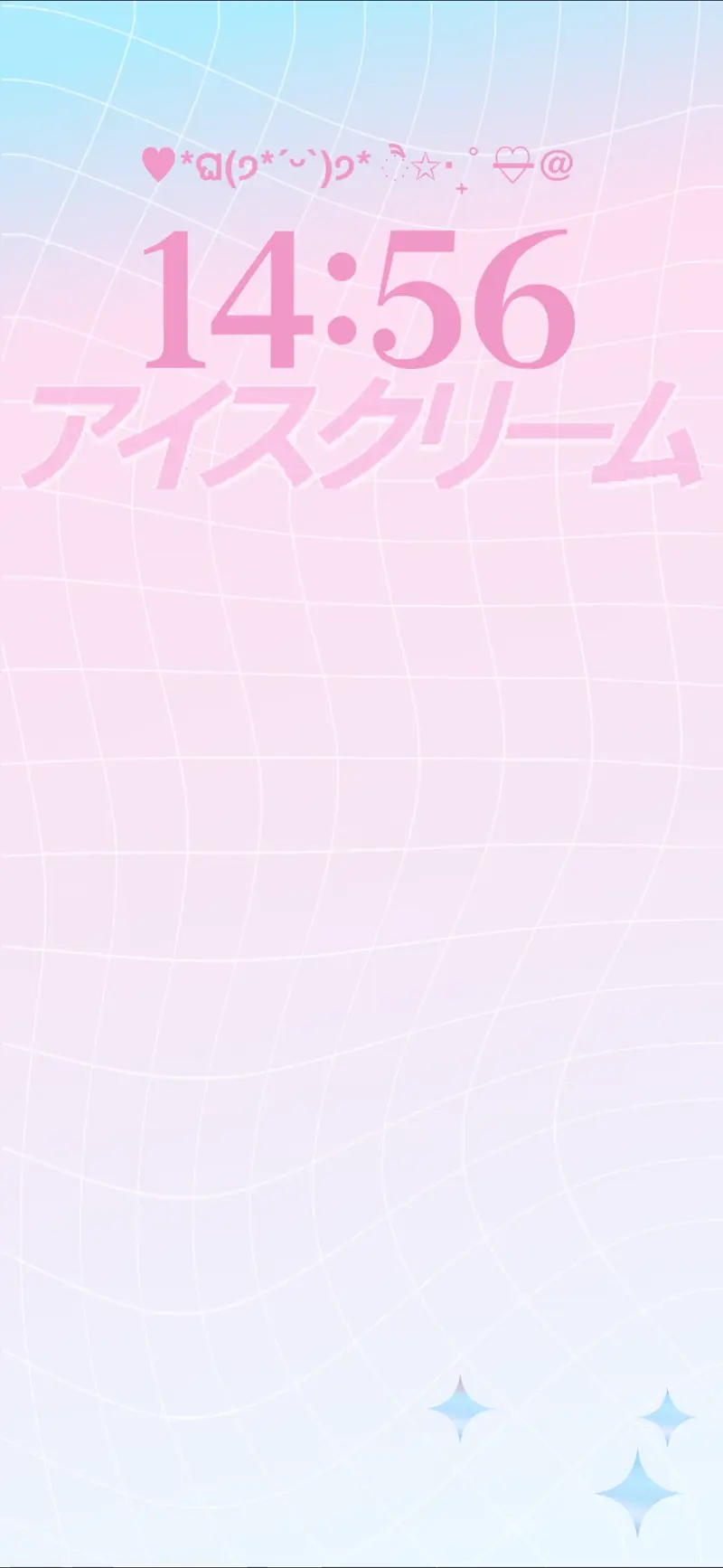 Soft pastel pink and blue grid live wallpaper with Japanese katakana text and cute kaomoji icons for mobile.