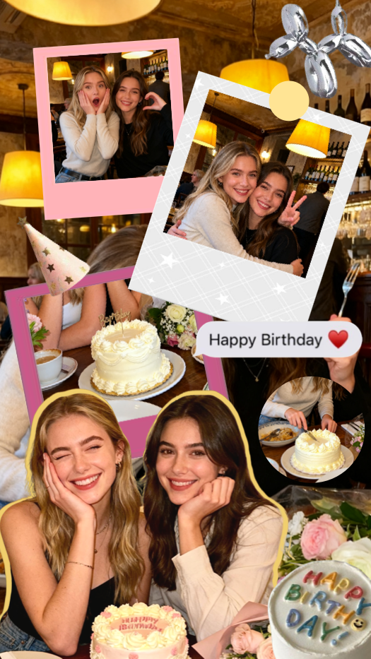 Aesthetic Y2K birthday scrapbook collage with best friends, pink Polaroids, birthday cake, and party stickers.
