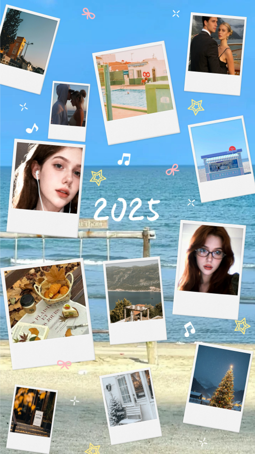 Eine Fotocollage-Vorlage für 2025 mit 12 verstreuten Polaroid-Rahmen auf einem Strand- und Meereshintergrund, dekoriert mit Schleifen und Sternen.