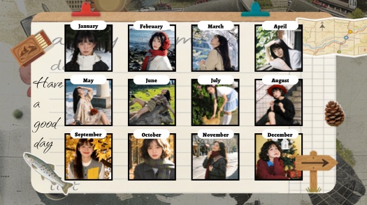 Vintage scrapbook collage template with 12 monthly photos, travel stickers, and a notebook paper background.