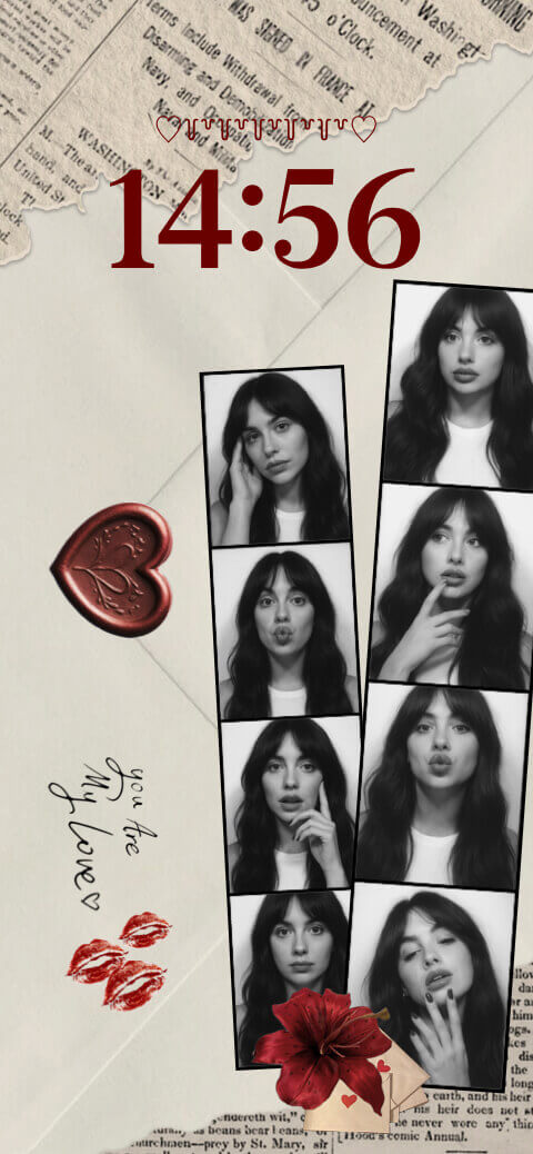 Vintage newspaper scrapbook wallpaper template with photobooth strip, red heart, and flower for phone customization.