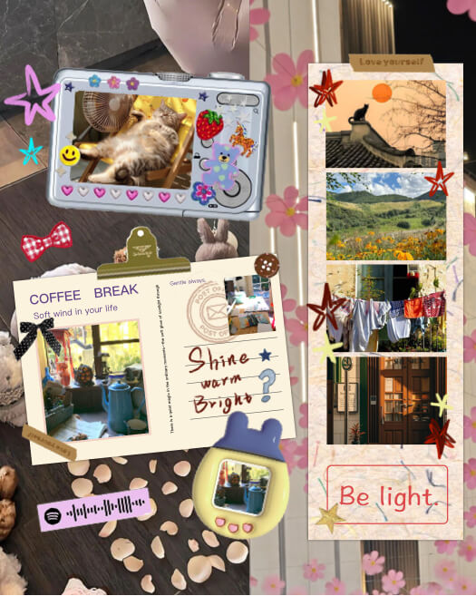 Un collage photo de style Y2K avec un cadre d'appareil photo numérique, une bande de film, une carte postale et des autocollants de rubans et d'étoiles.