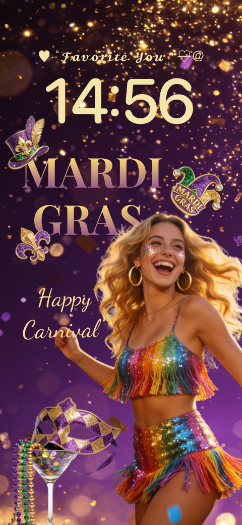 Woman in rainbow sequins celebrating Mardi Gras with glitter, carnival masks, and purple festive wallpaper background.