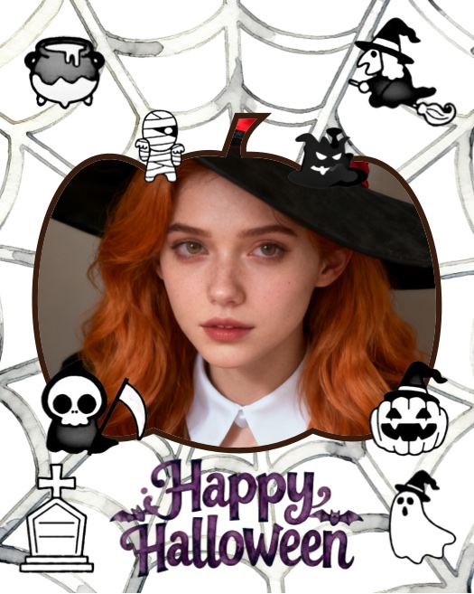 Halloween Fotocollage-Vorlage mit einem kürbisförmigen Rahmen in der Mitte. Hintergrund mit Spinnennetz-Aquarell, Stickern von Hexen und Geistern sowie dem Schriftzug 'Happy Halloween'.