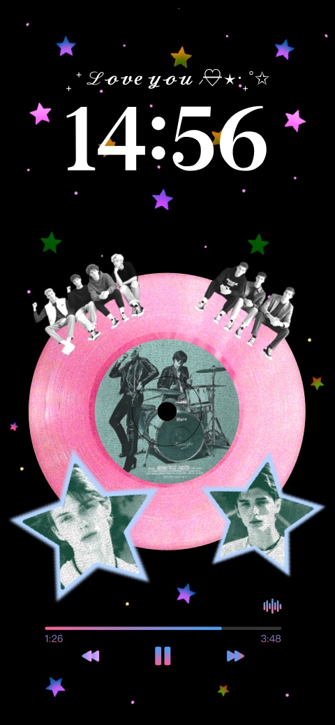 A DIY wallpaper template featuring a pink vinyl record on a black background with colorful stars, music player widget, and star-shaped photo frames for customization.