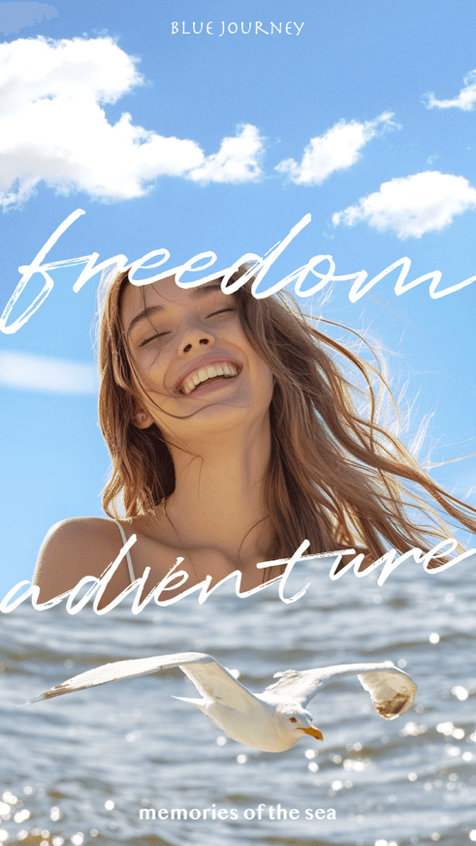 Aesthetic summer collage featuring a laughing woman, blue sky, and a seagull over the sea with adventure text.