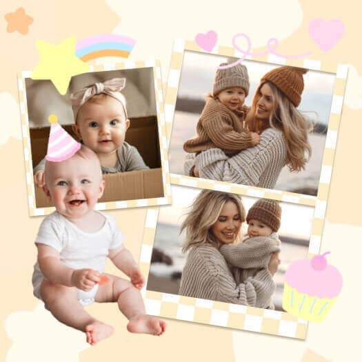 Collage de 4 fotos de bebé con pegatinas pastel, marcos de cuadros amarillos, un arcoíris y un cupcake sobre fondo crema.