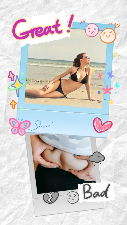 Y2K style scrapbook collage featuring two polaroid frames with doodles, stickers, and a crumpled paper background.