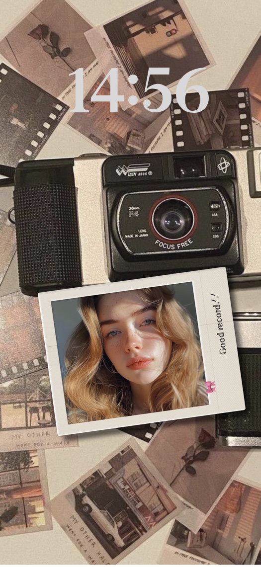 Modèle de fond d'écran personnalisable sur le thème du film vintage, avec appareil photo et cadre Polaroid pour insertion de photo.