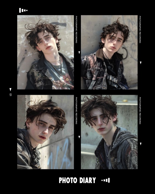 4-grid vintage film collage template featuring a dark aesthetic, film strip borders, and Photo Diary text at the bottom.