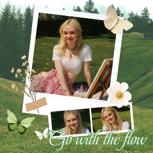 Modèle de montage photo sur le thème de la nature avec un arrière-plan de prairie verte. Comprend des cadres polaroid, des autocollants de papillons, des fleurs blanches et du ruban adhésif.