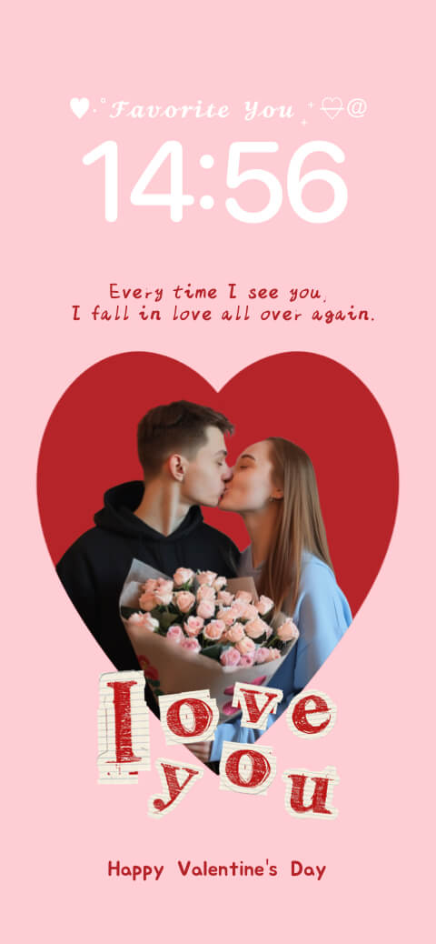 DIY Valentine's Day phone wallpaper template with a couple photo in a red heart on a pink background.