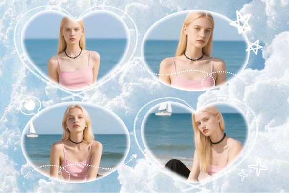 Fotocollage-Vorlage mit blauem Wolkenhintergrund. Enthält zwei herzförmige und zwei ovale Rahmen, verziert mit weißen Sternen und gepunkteten Pfeilen.