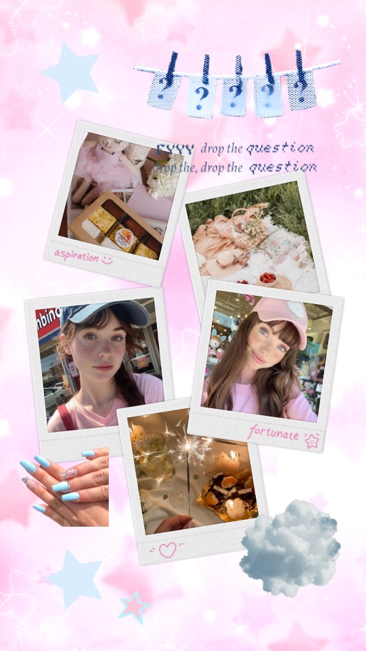 キラキラしたピンクの背景に、5つのポラロイド風フレームとネイル写真、雲や星のステッカー、'aspiration'などの文字が配置されたコラージュテンプレート。