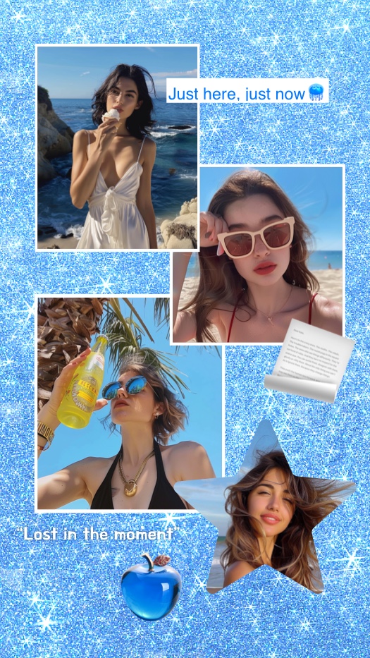 Fotocollage mit blauem Glitzerhintergrund. Drei rechteckige Rahmen und ein sternförmiger Rahmen sind mit blauen Äpfeln und Textstickern dekoriert.