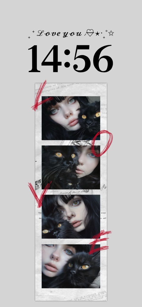 DIY mobile wallpaper template featuring a gothic photo booth filmstrip with a girl and black cat and red love text.
