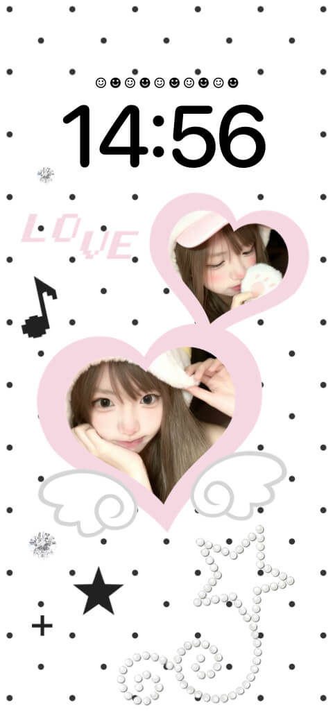 Custom DIY mobile wallpaper template featuring pink heart photo frames, black polka dots, and cute pixel art accents.