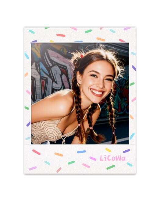 Modèle de montage photo style Polaroid avec une bordure blanche et des traits de couleurs rappelant des confettis. La photo centrale montre une femme souriante.