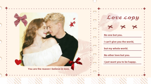 Plantilla de collage romántico tipo scrapbook con fondo crema, decorada con lazos rojos, marcas de besos y un espacio para texto de amor.