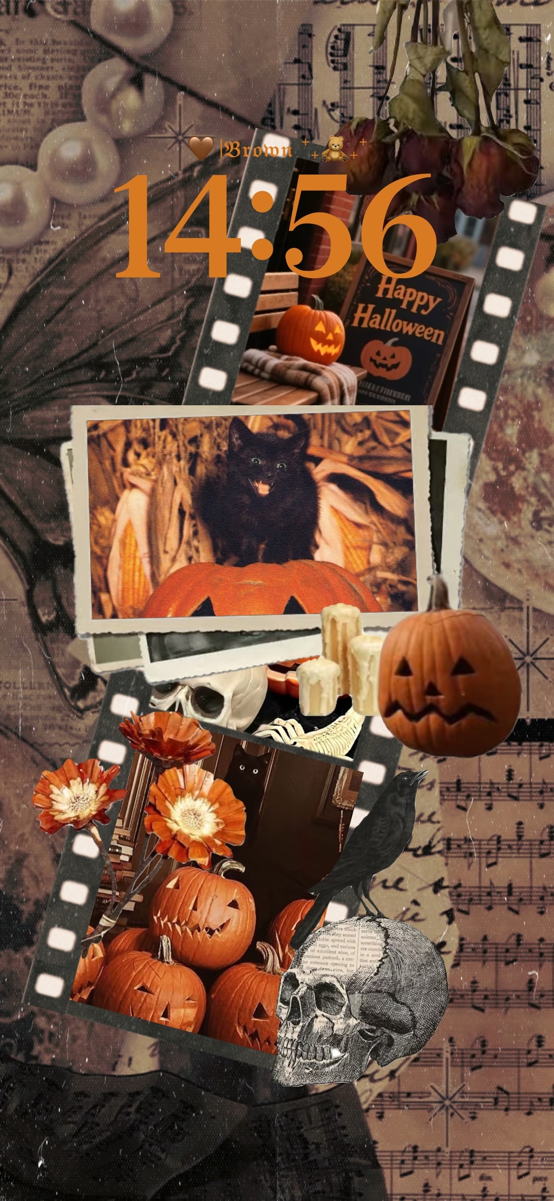 Vintage Halloween Ästhetik Collage mit Kürbissen, schwarzer Katze und Filmstreifen, anpassbare statische Wallpaper-Vorlage.